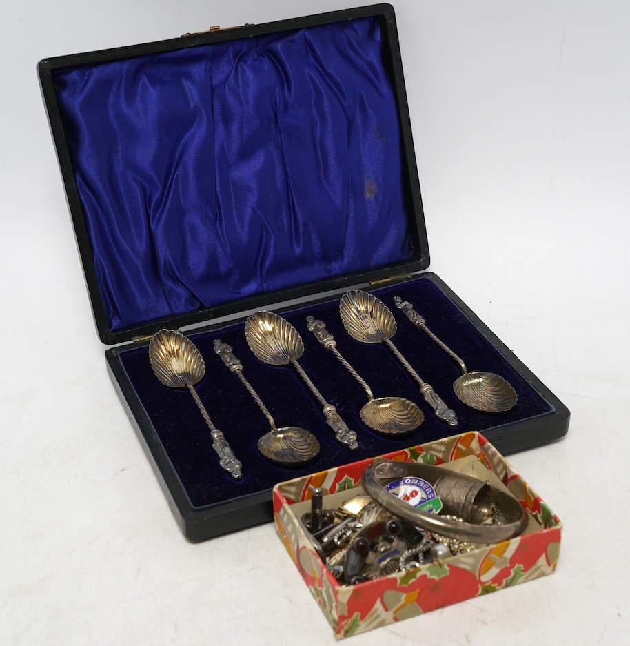 A cased set of six silver apostle coffee spoons and a small quantity of assorted mainly costume jewellery. Condition - poor to fair